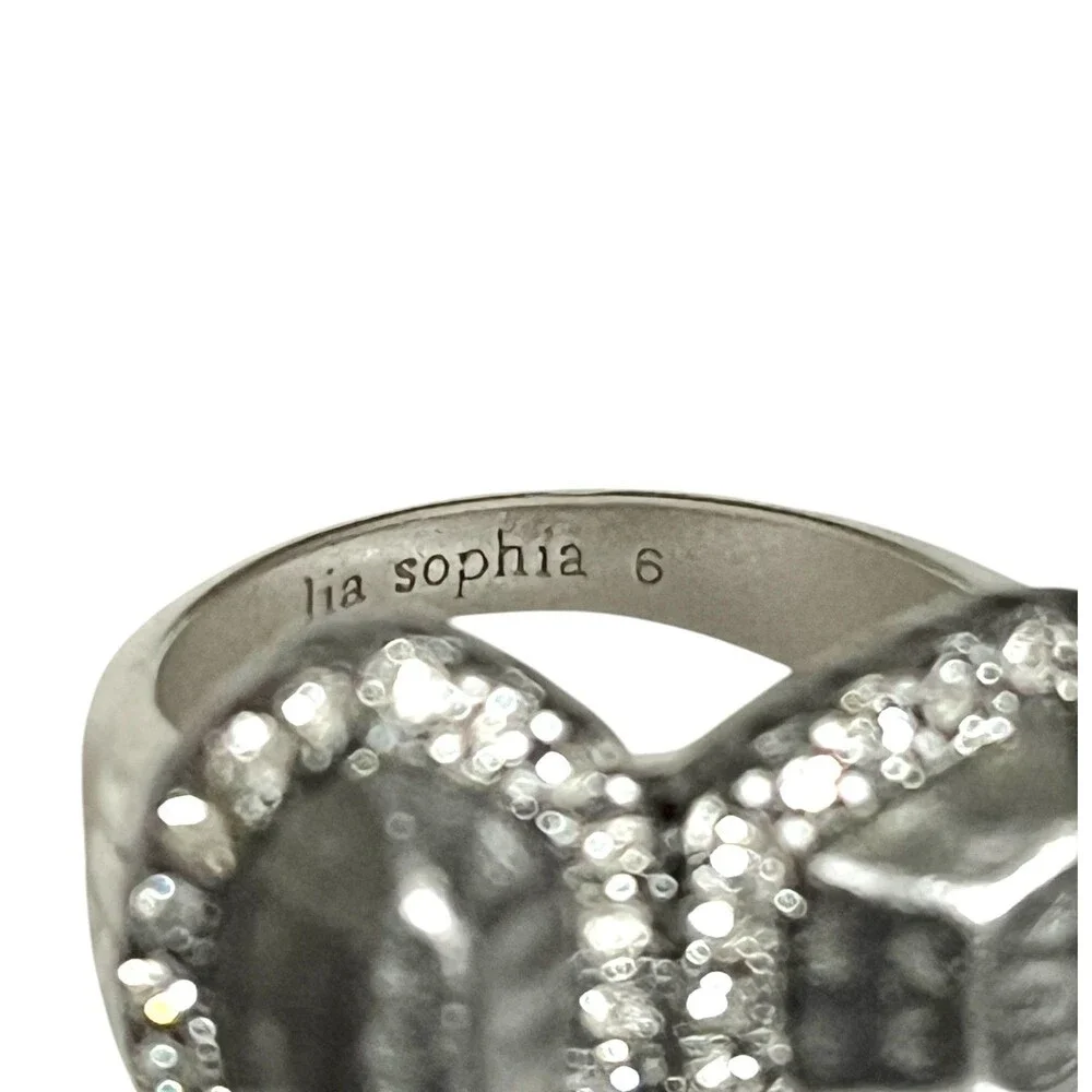 Lia Sophia Ring Milano Hammered Hematite Crystal Accents Silver Tone Size 6